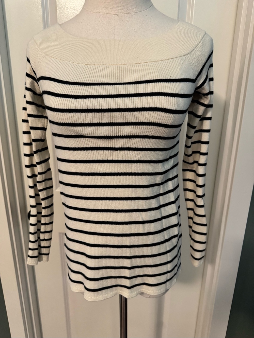 Banana Republic Ivory and Black Off-the-Shoulder Stripe Sweater